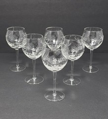 Set Of 6 Vintage Gray Cut Etched Crystal Wine Glasses With Floral Design