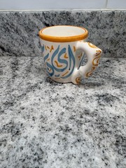 Handmade Ceramic Mug Unique Handle Abstract Art Pottery 4.5″ Tall Signed Artist