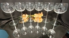 6 Long Stemmed Round Bowl Floral Etched Wine Glasses Goblets Set