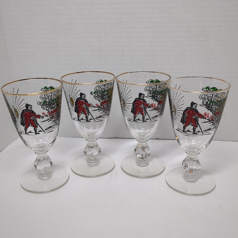 4 Vintage 1952 Libbey Gold Rim Treasure Island Stemmed Tall Cordial Glasses 5″