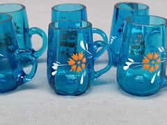Set of 6 Bohemian Hand Enameled Orange Floral Blue Glass Cordials C. 1890s