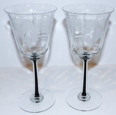 HTF PAIR OF MORGANTOWN GLASS FONTINELLE ETCH BLACK FILAMENT STEM 7 3/4″ GOBLETS