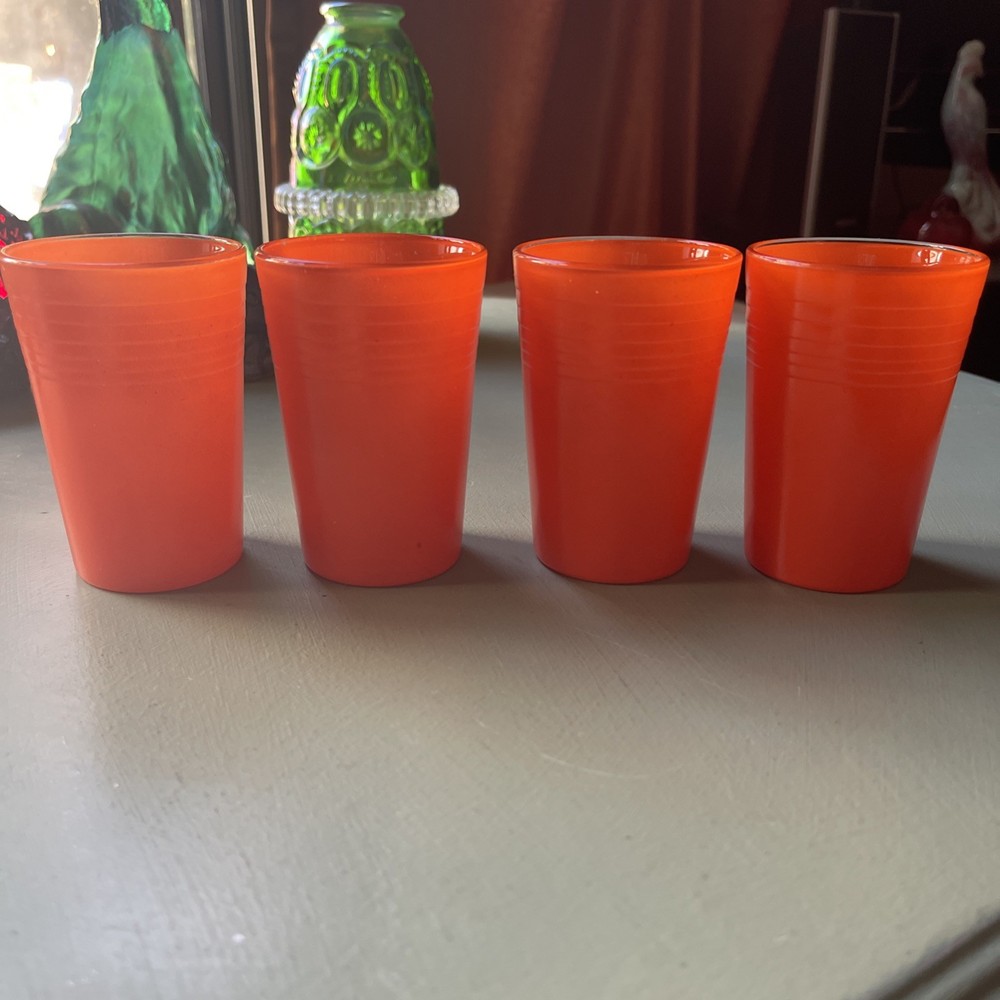 4 Vintage Hazel-Atlas Moderntone Orange Platonite Juice Glasses 3.5″ – c. 1940s