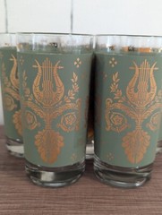 5 JEANNETTE HARP AND LYRE GREEN AND GOLD 12 OZ. DRINK GLASSES