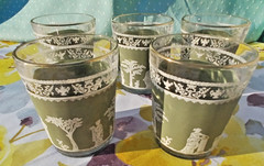 VTG Jeanette Glass Wedgwood Green Hellenic Rock Glasses Set of 5 W/Gold Trim
