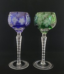 (2) AJKA CRYSTAL MARSALA WINE GLASSES COBALT BLUE & GREEN 8.25″