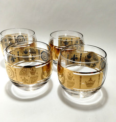 (4) VITO BARI GOLD ROLY POLY Cocktail Glass~CULVER Style Bar Glass~3″x3~22k Gold