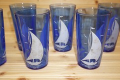 Hazel Atlas Ships Blue w/Dirty White Sails (7) Flat Iced Tea Glasses, 4 7/8″ (B2