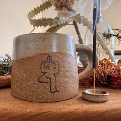 Handmade Ceramic Small Mug – Earthy Two-Tone Coffee Cup with Yoga Illustration