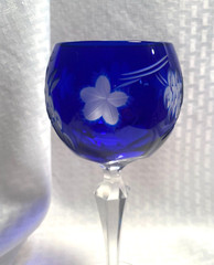 AJKA GRAPES WINE GLASS CASED COBALT BLUE CUT TO CLEAR CRYSTAL BOHEMIAN HUNGARY