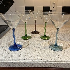 Set of 5 Hand Blown Libbey Courbe Martini Glasses Zig Zag Stem Clear Bowl