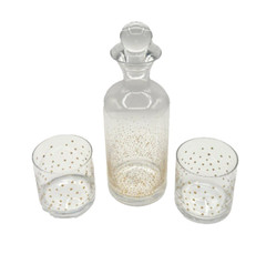 Contemporary Clear Glass Decanter & Two Old Fashion Glasses Gold Dots