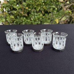 VTG USSR Set of 6 Etched Oval Shot Glasses Clear Metal Base Barware Vodka Russia
