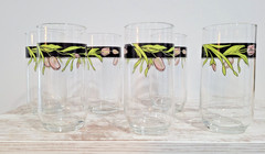 Vintage Libbey Highball Glass Pink Tulips Black Band 12 oz Set of 6 Tumblers