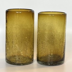 Vintage Hand Blown Amber Crackle Glass Highball Glasses Tumblers Mexico 5.5-6″ H
