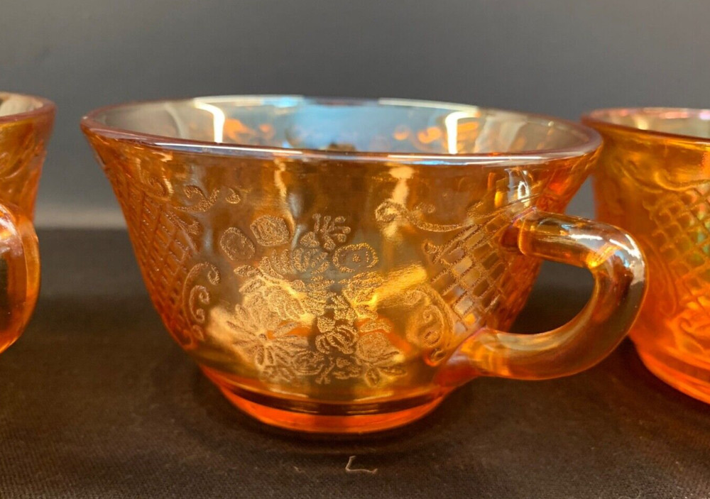 Set of 4 – Vintage Federal Marigold Iridescent Depression Glass Normandie Cups