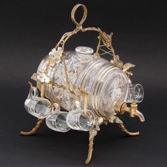 Antique French Aperitif Liqueur Service, Lg Barrel, Six Cups, Gilt Wire Frame