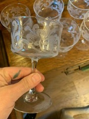 SET OF NINE VINTAGE BEAUTIFUL ETCHED DESSERT OR LIQUEUR GLASSES & FREE SHIPPING