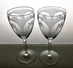 Two Vintage Fostoria Glass VIRGINIA CLEAR Water Goblets, Rose Lattice Etch #267