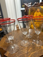 Vintage Art Deco Faceted Glass Cordials With Red and Black Banded Rim