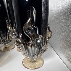 Set of 4 VGnewtrend «Flame» Blown Glass Wine Goblets 8” Black/Amber Murano Style