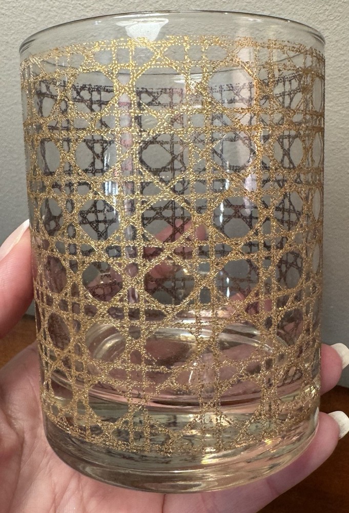 VTG Culver 22K Highball Canella Gold Lattice Basket Weave Glass MCM 4.25” High
