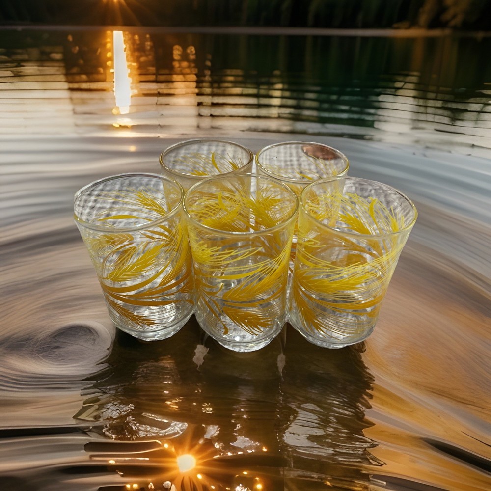 Vintage Libbey Golden Wheat Juice Glasses Set of 5 MCM 1970s Retro 6oz Tumblers