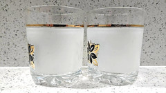 2 Vintage DeValBor Windrose Italian Frosted Gold and Black Floral Design Lowball
