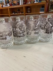 (4) Currier & Ives Beverage Glasses Black White Colonial Seasonal Scene US