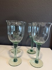 Set of 4 Vintage Green Stem Wine Glasses Hand Blown Rustic Goblets Corsica Glass