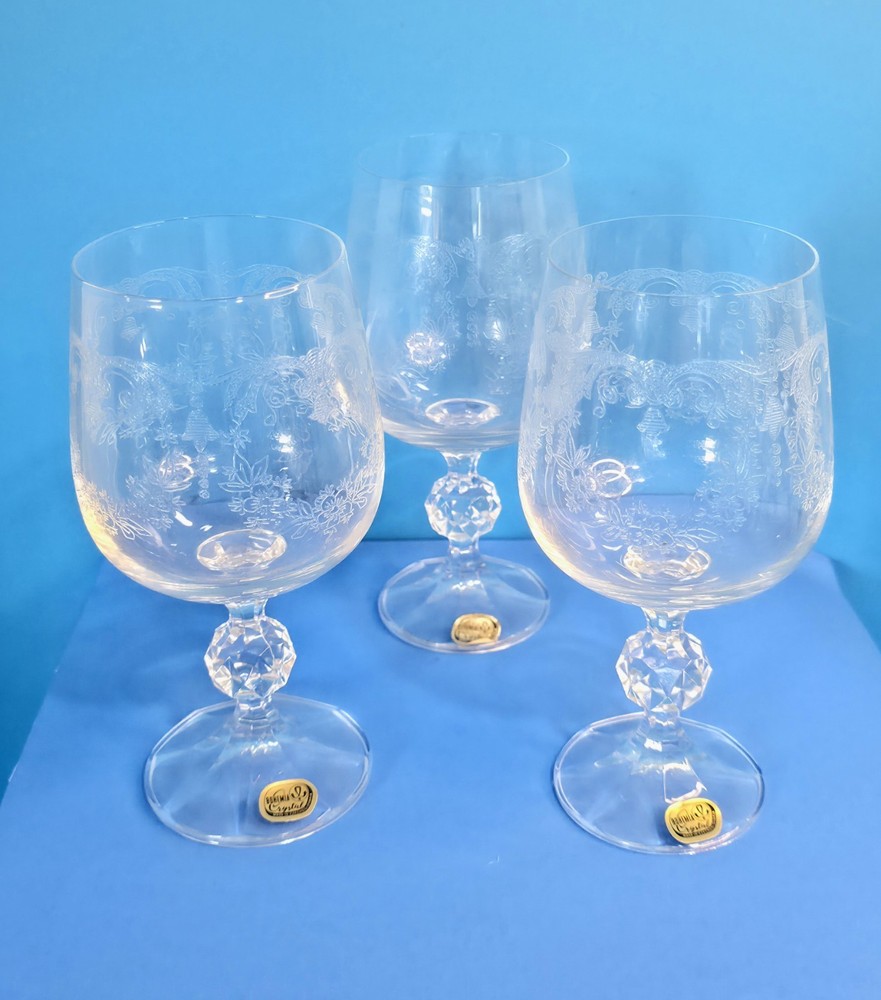 Bohemia Lead Crystal Cascade 6.75″ Etched Ball GOBLETS Glass Czechoslovakia #3b