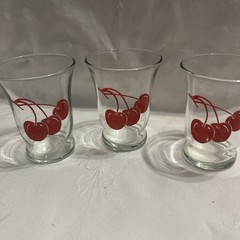 3 Vintage Mid Century Libby? Clear W/ «Red Cherries» Juice Glasses 3” Tall