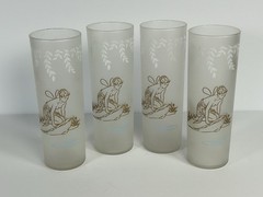 4 Libbey Bar Tumblers Tom Collins White Rock Frosted Glass Fairy Nymph Pixie MCM