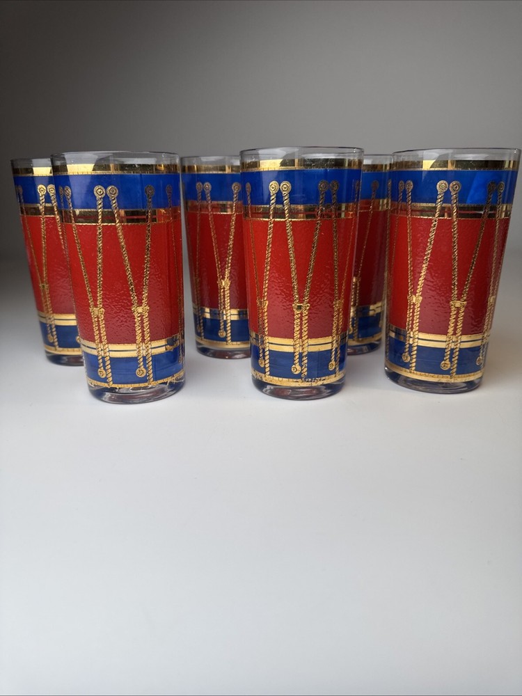 Set Of 6 MCM Drum Glasses Blue Red and Gold Plated 5 1/2″ Rare Great Condition!