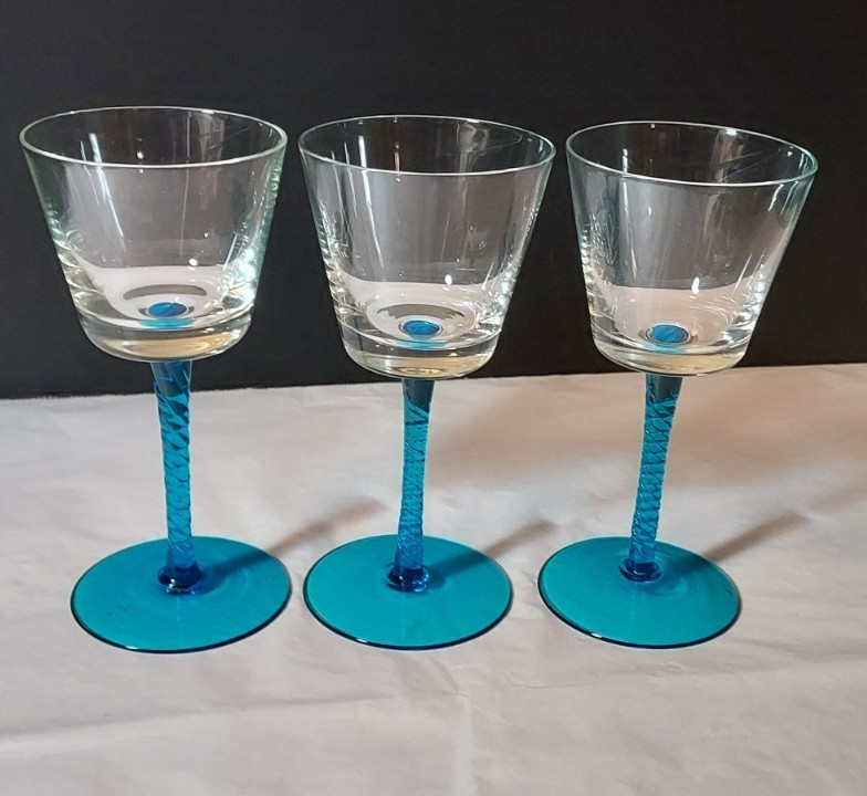 3 Murano Hand Blown Wine/Cordial Turquoise Twisted Stem Glasses