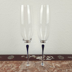 Pair Vintage 1950s Orrefors Sweden Crystal Champagne Flutes Intermezzo Dark Blue