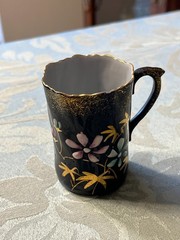 Antique Jackfield Hand-painted Enameled Flowers & Gold-leaf Demitasse Cup 2.5 in