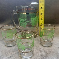 VTG Hazel Atlas Pitcher & Tumbler Set Green Ivy Gold Detail MCM