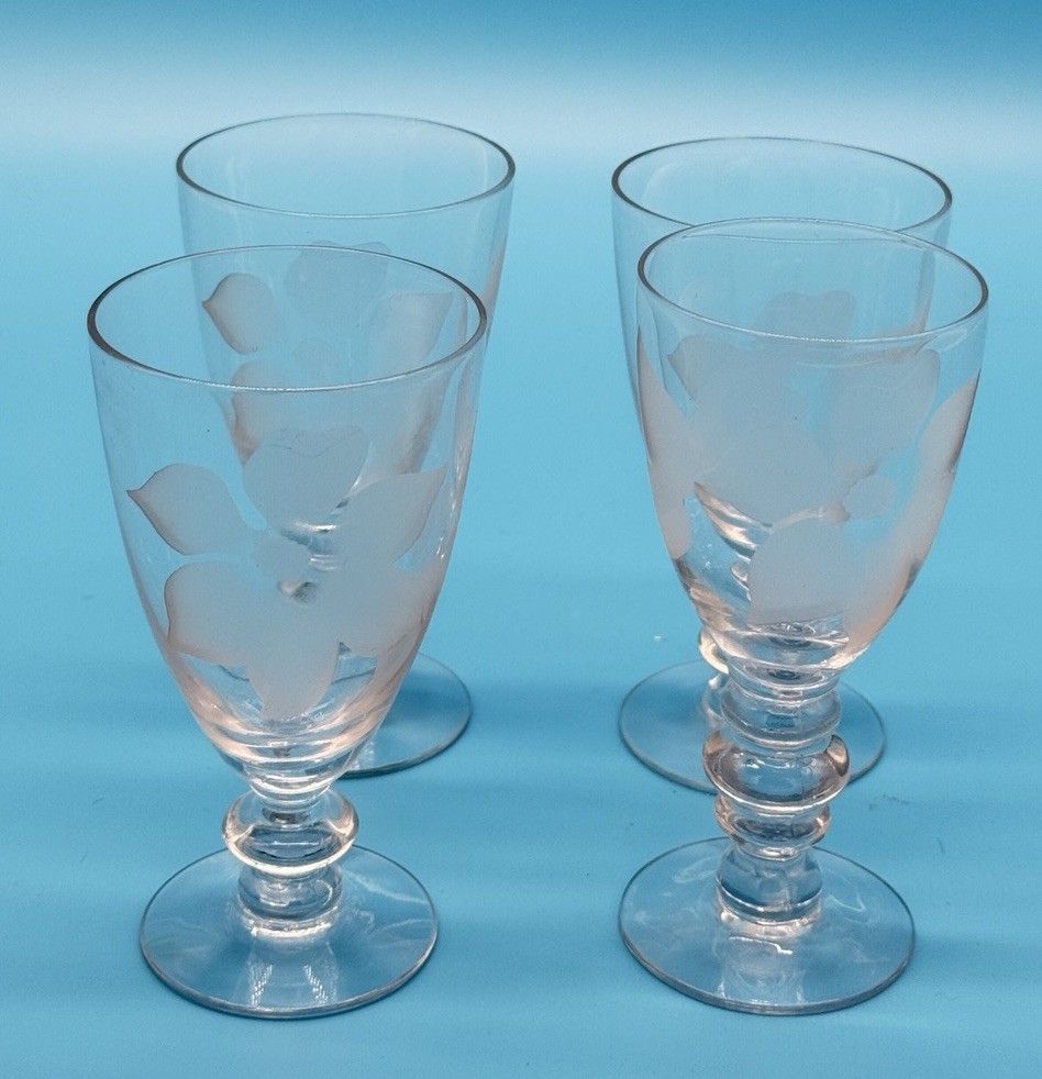 Vtg Duncan & Miller Magnolia Sandblasted Etched Juice Glasses Stemware 4-5/8″