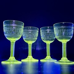 Antique Greek Key Etched Wine Sherry Cordials Set 4 c1900 EAPG 4⅛» Edwardian