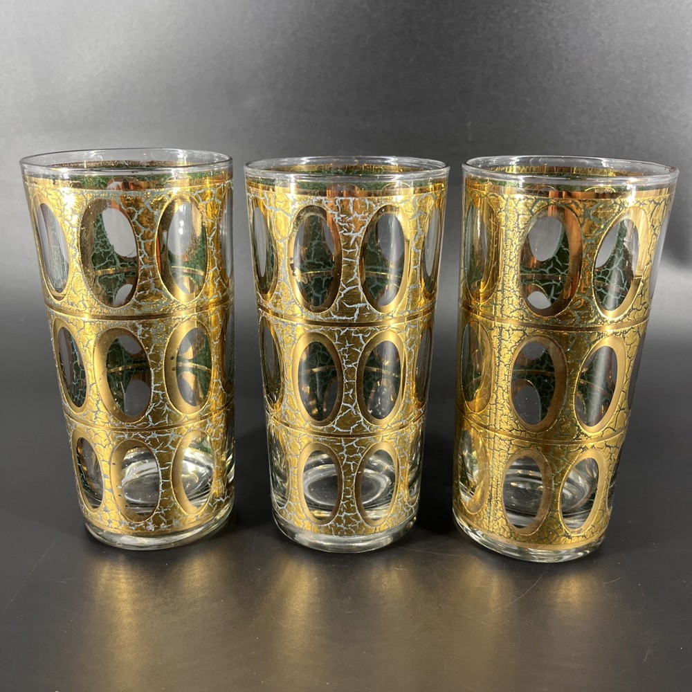 VTG MCM Gold & Green Crackle Glass Piza High Ball Glasses Signed Culver Set of 3