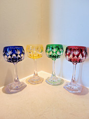 SEVRES CUT TO CLEAR MULTICOLOR WINE HOCKS GLASSES GOBLETS SET OF 4
