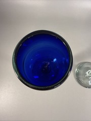 Cobalt Blue Hand Blown Wine Glasses Mexican Glass Clear Stem 7.5” Tall Thick