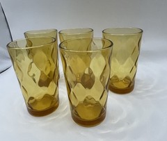 Vintage Amber Glass Honeycomb Tumblers Juice Glasses- Set of 5 (5oz)