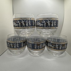 Vintage Cera Greek Etruscan Frieze Blue Roly Poly Cocktail Glasses22K Gold Set 5