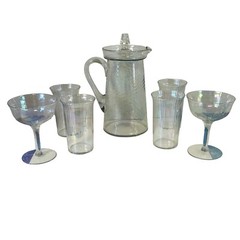 Vintage 7 Piece Rainbow Iridescent Luster Swirl Optic Pitcher & Glasses