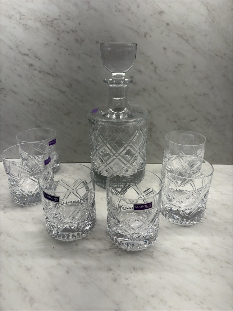 Waterford Marquis Oblique Decanter & Tumbler Set 7 Pcs Crystal New Beautiful!