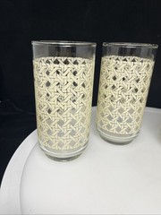 Set 4 Libbey Vintage Cane Woven Rattan Pattern Glasses 5.5” Gold Rimmed (4)
