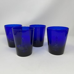 Vintage Libbey Cobalt 12 Ounce Glasses NC Lighthouses Set of 4 Different Etched