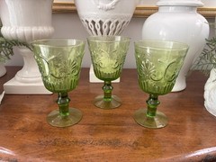 Set Of Three Vintage 1970’s FTD Pressed Green Glass Footed Goblets 7” Glasses